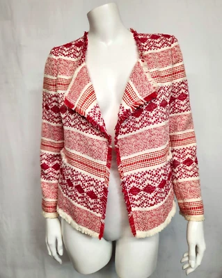 NWT Ann Taylor Loft Red & White Tweed Raw Edge/Fringe Open Front Blazer Size 0 - Image 1 of 4