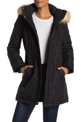Parka para mujer Tahari negra blanca a prueba de viento con ribete de piel sintética S  Foto 1 de 4
