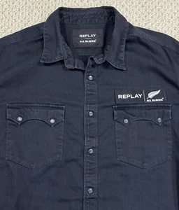 New Zealand All Blacks Rugby REPLAY Collab Denim Sawtooth Snap Shirt Mens XL - Picture 1 of 19