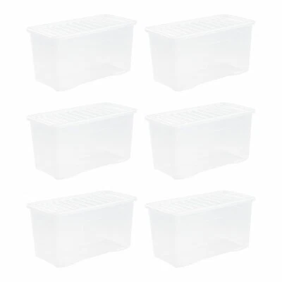 6 x 110L Storage Box With Lid Crystal Clear Plastic Stackable Containers Home UK - Image 1 of 4