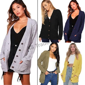 Women Ladies Cable Chunky Knit Cardigan Button Long Sleeves Grandad Cardigan - Picture 1 of 31