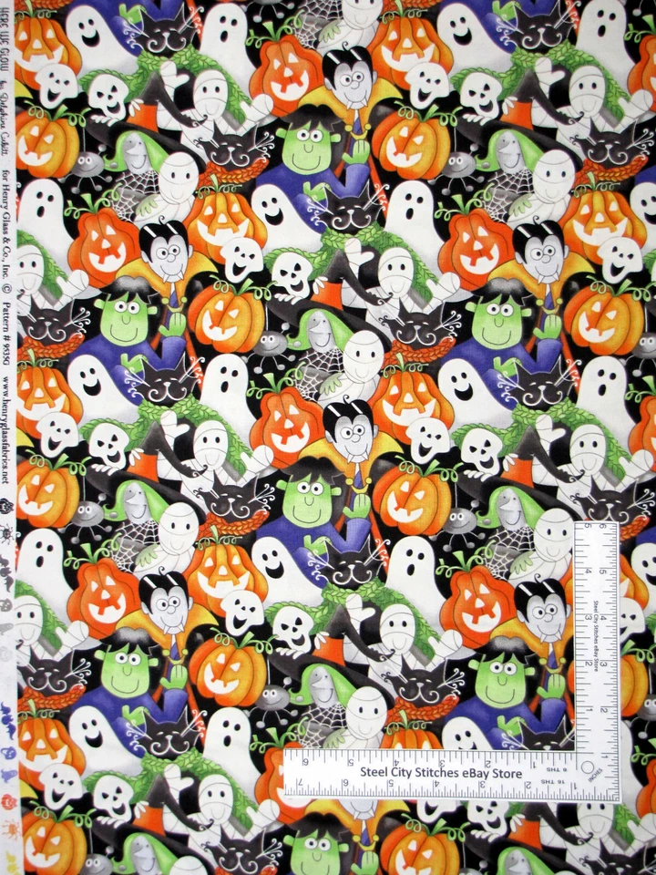 Halloween Fabric Pumpkin Ghost Mummy Here We Glow Dark Cotton Henry Glass Yard - Image 1 of 1
