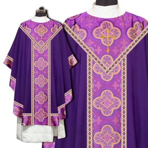 Violet Gothic Style Chasuble with Spiritual Cross Embroidery – Church Vestment - Picture 1 of 7