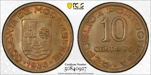 MOZAMBIQUE 1936 10 C, PCGS MS63BN, KM-63 [Portugal/East Africa] - Afbeelding 1 van 1