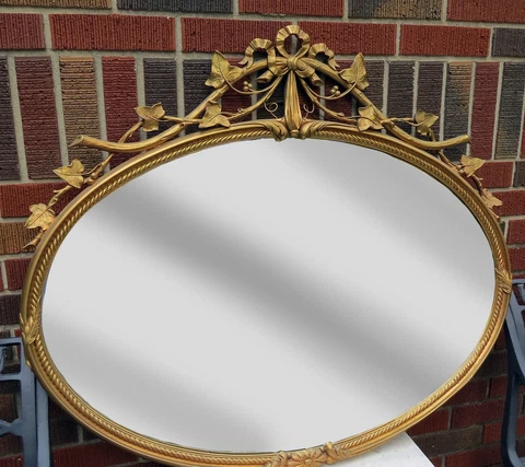 ANTIQUE ITALIAN WOOD CARVED BAROQUE GOLD ITALIAN FRAME HANGING OVAL MIRROR 38" w Cover