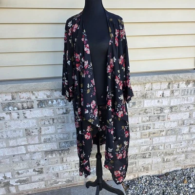 LuLaRoe Women’s Floral Kimono Cardigan Large Black Red Pink Long Open Duster - Image 1 of 4