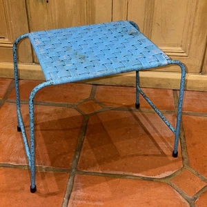 Vintage Mid Century Wicker String Metal Stool Atomic Style Sky Blue (FR) - Picture 1 of 14