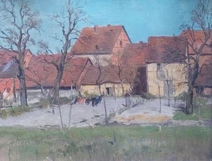 DM. 2295 Walther Moras Öl auf Hartfaserplatte "Märkisches Dorf im Frühling" - Bild 1 von 12