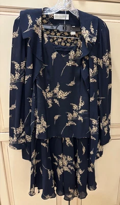 Dana Buchman 3 Piezas Boho Azul Marino Dorado Floral Falda Traje con Carcasa Reversible Talla 6/4 Foto 1 de 4