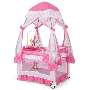 5-in-1 Tragbar Baby Spielplatz Wiege Kleinkind Stubenwagen Bett mit Tisch Baldachin Musik - Bild 1 von 10