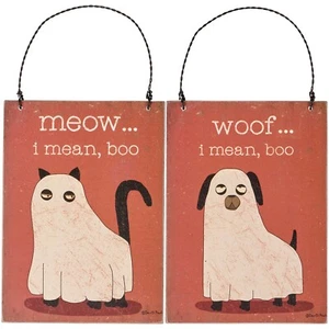 Primitives By Kathy Dog Cat Ghost Hanging Halloween Sign Ornaments ~ Set of 2 - Picture 1 of 1