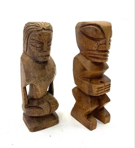Statue Paar Von Tikis Aus Holz - Tahiti Polynesien - 12,5 CM - Picture 1 of 2