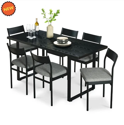 Juego de Comedor Mesa y 6 Sillas Moderno Elegante Wooden Top Kitchen Table Black - Image 1 of 4