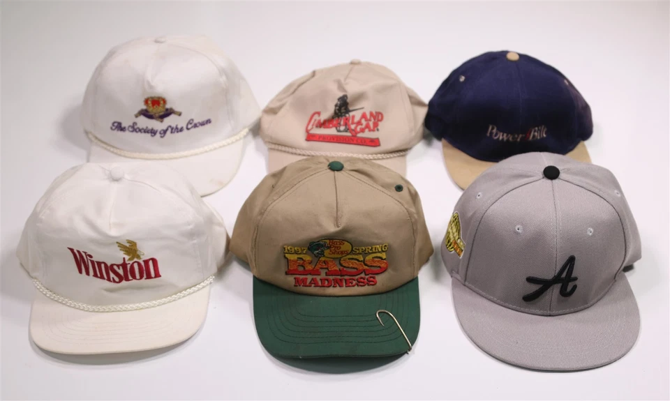 Lote de 6 chapéus de corda vintage dos anos 80 e 90 Winston Crown Royale Bass Pro Shop - Imagem 1 de 3