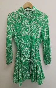 Dress Zara Green & White Paisley Short Skater Shirt Size Small - Picture 1 of 6