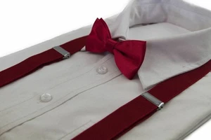 Boys Dark Red Matching Bow Tie + Suspender Set Kids Unisex Dress Up Wedding New - Picture 1 of 5