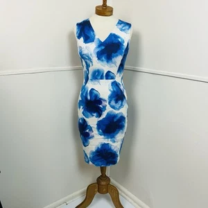 Womens Jigsaw Dress Size 8 Aline Floral Blue White Linen Blend Corporate Work - Picture 1 of 9