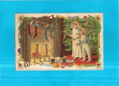 Holiday Postcard-Merry Xmas-Two Children by Fireplace with Stockings Hung - Image 1 of 2