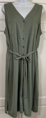 Vestido Tahari para mujer verde salvia sin mangas con botones cinturón midi modal cuello en V XL Foto 1 de 4