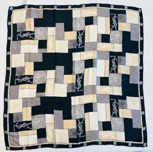 YSL Scarf handkerchief women Silk cotton logo Yves Saint Laurent bag purse Black - Picture 1 of 7