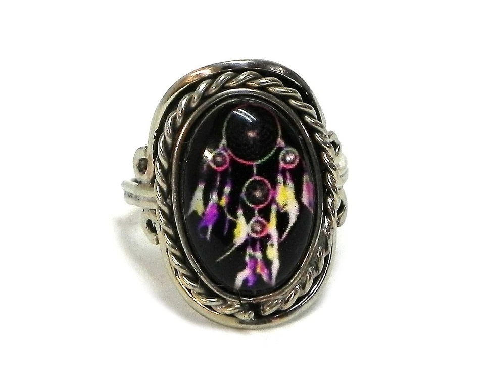 Black Purple Dream Catcher Silver Metal Adjustable Ring Boho Tribal Art Jewelry Foto 1 de 1