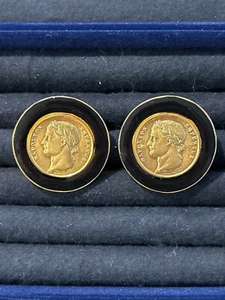 Large Les Bernard Vintage Coins Black Enamel Costume Earrings - Picture 1 of 5