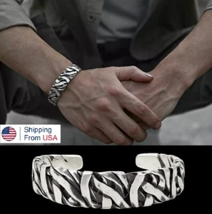 Men's Retro Twisted Open Wide Bracelet Sterling Silver Bangle Jewelry Gift USA - Picture 1 of 13