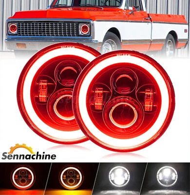 For Chevy C10 C20 C30 Pickup Camaro Pair 7" Round LED Headlights Red Halo DRL Foto 1 de 4