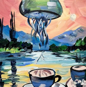 CORBELLIC EXPRESSIONISM 12X12 UFO LAKE ORIGINAL LANDSCAPE SPACESHIP DESIGN ART - Picture 1 of 8