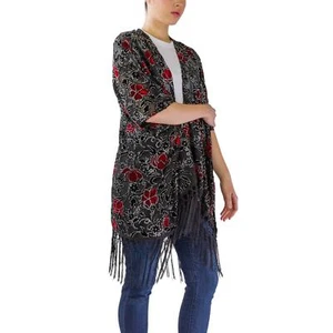 Neu Jessica McClintock Burnout Samt Glitzer Blumen Kimono schwarz/rot One Size - Bild 1 von 6
