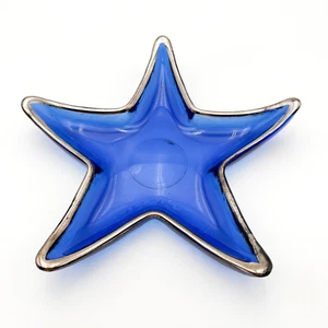 Blue Glass Decorative Starfish Display Dish Gold Tone Metallic Trim 10" - Picture 1 of 8