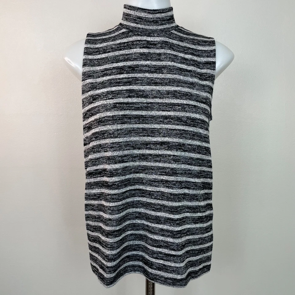 Rag & Bone Top XS Thea Mock Neck Tank Gray Black Striped Sleeveless Stretch Knit - Image 1 of 4