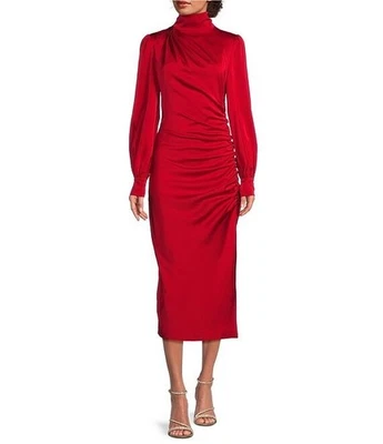 NWT $249 Belle by Badgley Mischka Midi Satin Mock Neck Sheath Dress in Red Sz.6 - Image 1 of 3