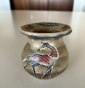 African Hand-carved Soapstone Small Vase -Kenya Landscape Giraffe + Tree EUC - Picture 1 of 8