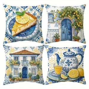 Beautiful Mediterranean Blue Lemon Yellow Pillow Covers 18"x18" inch 4 PC SET - Picture 1 of 5