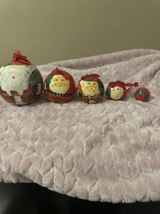 Vtg Russian Santa Nesting Dolls Hand Painted Round Wooden Balls With 5 Spheres - Picture 1 of 8
