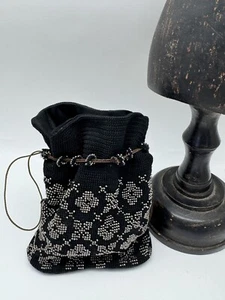 ANTIQUE Steel Beads Black Purse Crochet Satin Liner Draw String ESTATE FIND - Picture 1 of 8