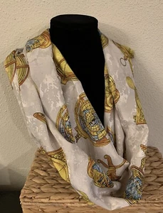 Bufanda Mujer Infinito Poliéster Sedoso Diseño Globo Beige Dorado Hecho a Mano Capucha Nuevo - Imagen 1 de 6