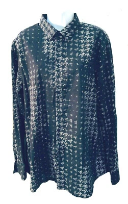 Camisa de algodão Perry Ellis vintage azul escuro padrão branco estampa japonesa slim fit GG - Imagem 1 de 4