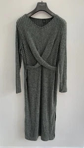 Midi Dress Crossover Front Cosy Supersoft Khaki Green Ribbed UK 16 - Picture 1 of 9
