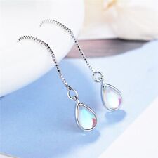 Silver Dangle Earrings Long Chain Women Threader Pull Through Fashion Ear Opal