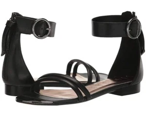 Ted Baker Keltra Sandals Womens Sz 39.5 Black Ankle Strap Flats Strappy Leather - Picture 1 of 10
