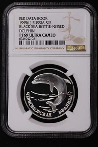 1995 RUSSIA SILVER 1 ROUBLE BLACK SEA BOTTLE NOSED DOLPHIN NGC PF 69 ULTRA CAMEO - Picture 1 of 2