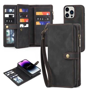 Leather Case For iPhone 16 Pro Max 15/14 Magnetic Detachable Zipper Card Wallet - Picture 1 of 11