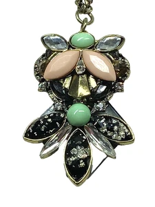 Double Chain Pendant Necklace Black Gold Twist Chains Acrylic and Glass Gemstone - Picture 1 of 7