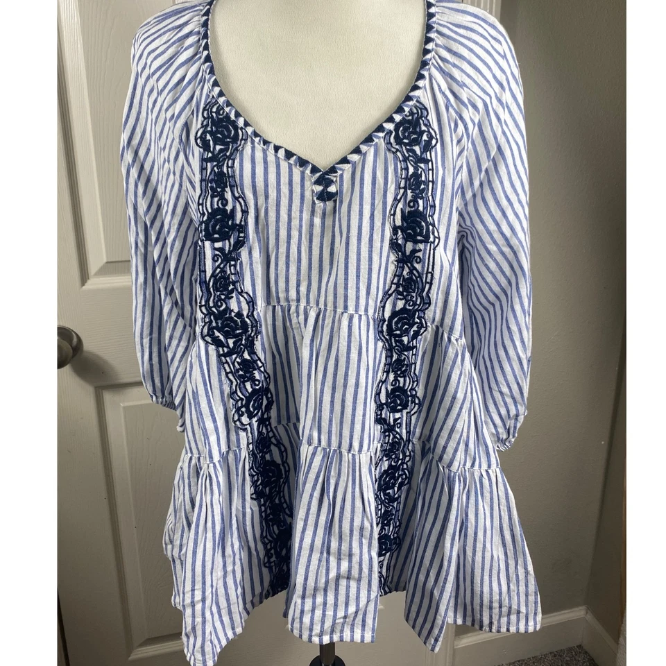 Túnica para mujer Melissa Paige M mezcla de lino azul a rayas en capas costera fresca boho Foto 1 de 4