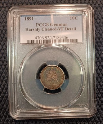 1891 Seated Liberty Dime 10¢ PCGS Certified VF20 Detail "Harshly Cleaned" LOL! - Image 1 of 2