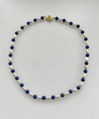Vintage Gold Plated Pearl & Lapis Chinese Good Luck Necklace 17.5" - Image 1 of 4