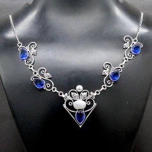 Collar de plata esterlina 925 piedras lunares y piedras preciosas de tanzanita talla 17-18" - Imagen 1 de 9