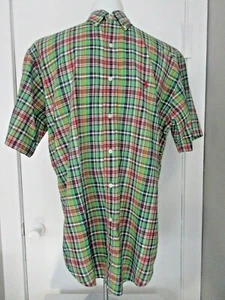 RALPH LAUREN MENS SHIRT MEDIUM BLUE LABEL MADRAS GREEN BLAKE 100% COTTON - Picture 1 of 6